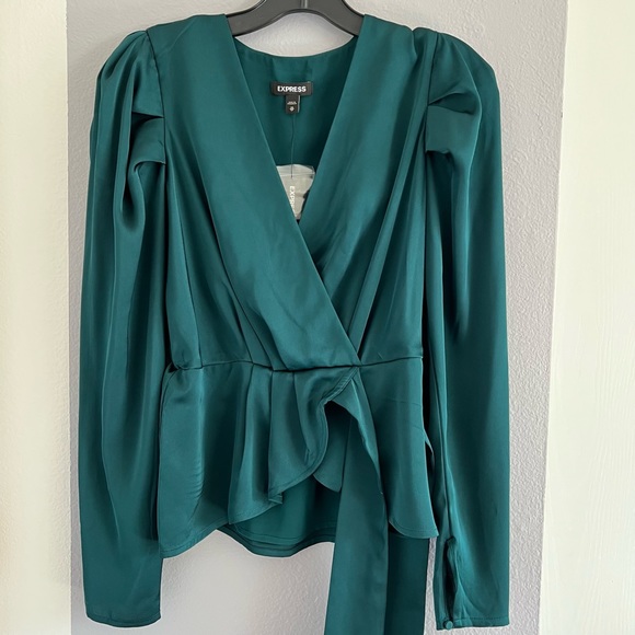 Express Green Satin Pleated Sleeve Wrap Front Bow Top - Picture 7 of 9